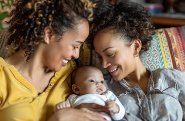 an African American woman with curly hair and her white female wife, both smiling at each other as they hold their baby son in the living room on the sofa