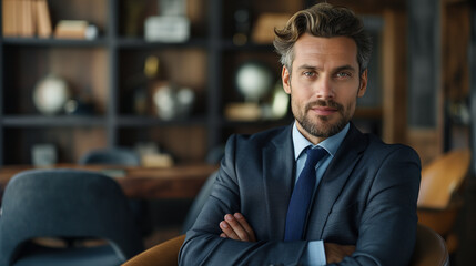 Portrait of handsome young businessman with arms crossed in modern office.