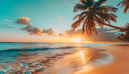 Palm trees in the surf at a beautiful sunset,綺麗な夕日の波打ち際にヤシの木,Generative AI	