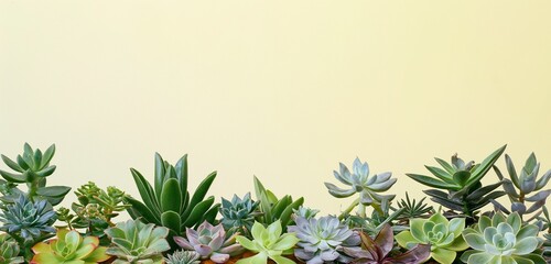 A panoramic shot of an array of succulent plants, their textures and colors vibrant, arranged in a clean, modern terrarium against a light, pastel yellow solid background.
