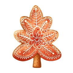 Watercolor gingerbread cookie in the shape of a Christmas tree.