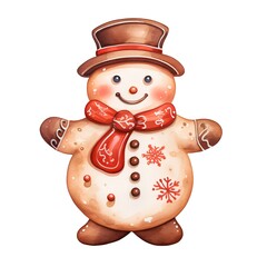 Watercolor Christmas gingerbread snowman isolated on white background. Hand drawn illustration