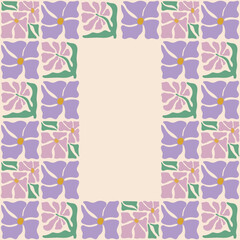 Colorful retro style square frame featuring lavender flowers and buds. Vintage style hippie clipart element design collection. Hand drawn nature collage, summer blank template with flowers.
