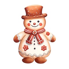 Watercolor snowman with hat and scarf isolated on white background.