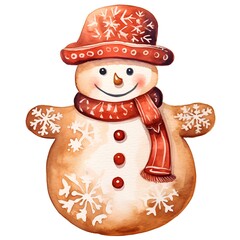 Watercolor illustration of a snowman in a hat and scarf.