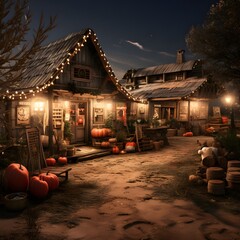 Halloween night in the village. Old wooden house with pumpkins and garland.
