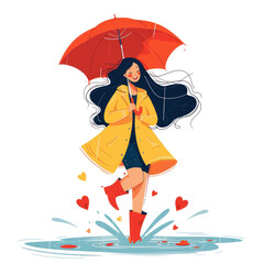 Illustration of smiling young woman with long wavy hair with umbrella playing in a rain isolated on transparent background