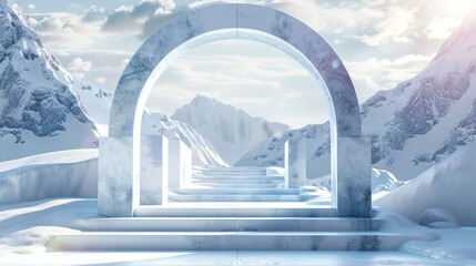 Bring to life a surreal 3D rendering of an eye-level abstract winter setting Incorporate geometric shapes, an arch with a podium, and a dreamy natural light ambiance