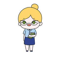 A cartoon girl wearing glasses and a blue skirt holding a book