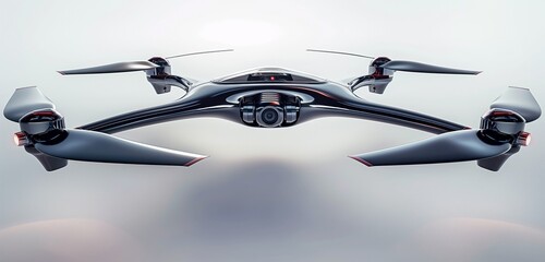 A panoramic view of a sleek, futuristic drone, its propellers in motion, hovering against a light,...