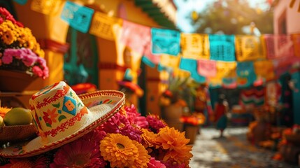 Mexican sombrero on table being sold in an market on sunny day during celebration
