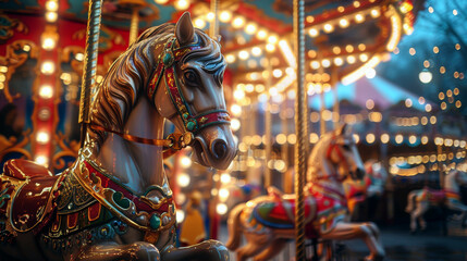 A picturesque scene of a vintage carousel illuminated by lights under a vibrant, colorful sunset sky reflecting on water.