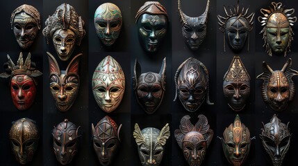 Capture the elegance of various intricate masks in a long shot, each one uniquely detailed and visually striking, set against a dramatic black backdrop, highlighting their beauty and mystery Tradition