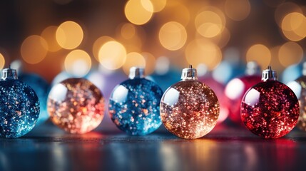 Glittering Christmas balls on bokeh background.