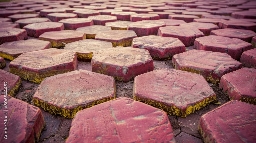 Poster detailed view of a cluster of pink hexagonal objects