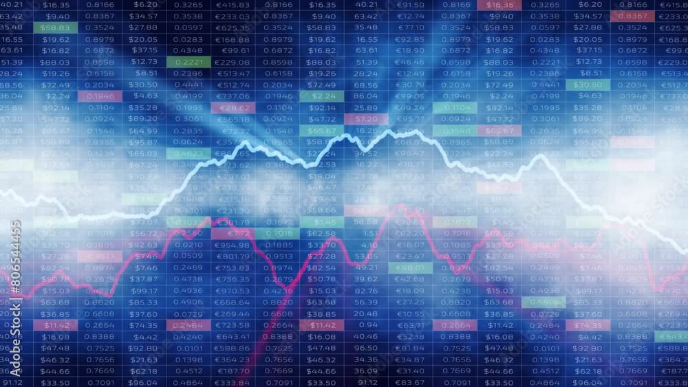 Poster business artistic graphs with spreadsheet data and light beams motion background.