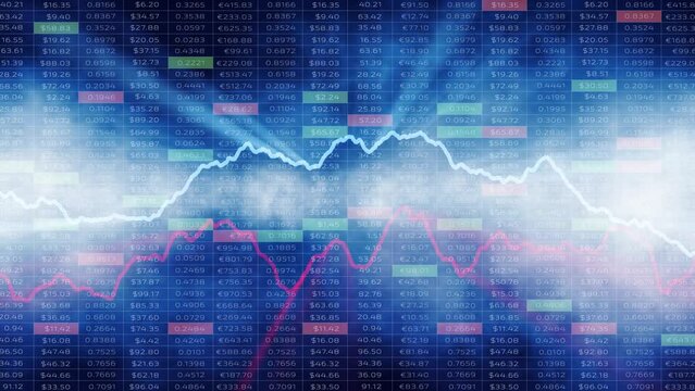 Business artistic graphs with spreadsheet data and light beams motion background.