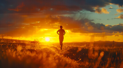 A person running in the field at sunset.