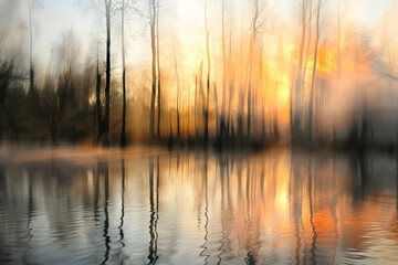 a slow motion camera photography art. Sunrise over lake. Blur art photography style illustration. Misty forest painting for poster, wallpaper, book cover, music album