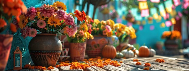 Colorful flowers in a vase on the background of the village town