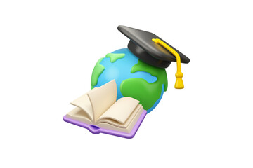 Study abroad vector 3d icon. Book, graduation cap and planet Earth emblem. Education online, planet with academic hat. Back to school, e-learning