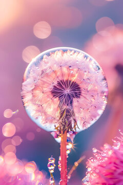 A pink dandelon with water droplets on it.