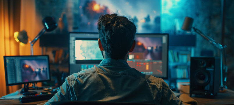 A video editor working and watching on his monitors