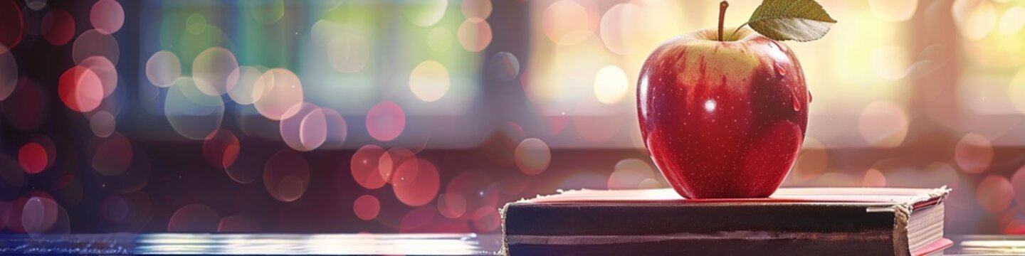 Books and apple on table, panoramic banner