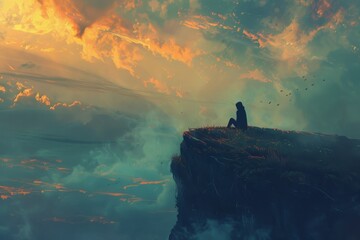 A person is sitting on a hill overlooking a beautiful landscape