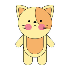 Cartoon cat with pink cheeks is standing on a white background.