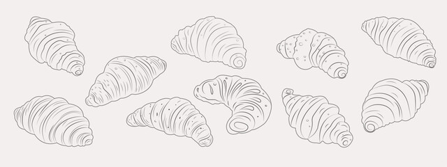 Croissant icon, fresh baked goods, linear drawing. A simple doodle sketch of a French breakfast. A set of pastries, a bun, a fresh croissant. Vector illustration in outline style.