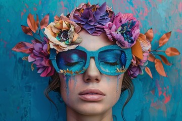 A woman with a blue flowery headband and blue sunglasses - Powered by Adobe