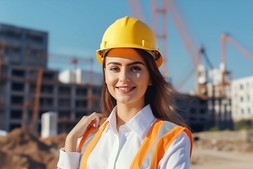 A young woman wearing a hard hat and orange safety vest on a construction site during a sunny day