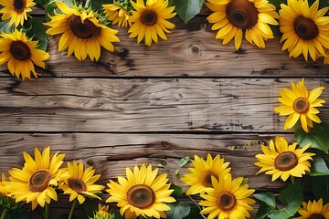 Sunflower frame on wooden wall. Copy space. Space for text, Generative AI.木製の壁に向日葵フレーム。コピースペース。テキスト用スペース、Generative AI