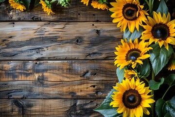 Sunflower frame on wooden wall. Copy space. Space for text, Generative AI.木製の壁に向日葵フレーム。コピースペース。テキスト用スペース、Generative AI