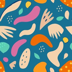 Seamless pattern of abstract shapes and patterns, hand-drawn with free-flowing lines and expressive strokes for a dynamic and artistic wrapping paper design, Generative AI