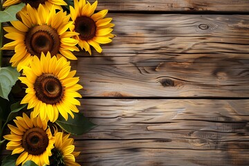 Obraz premium Sunflower frame on wooden wall. Copy space. Space for text, Generative AI.木製の壁に向日葵フレーム。コピースペース。テキスト用スペース、Generative AI