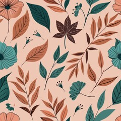 Fototapeta premium Seamless pattern of botanical illustrations featuring leaves, branches, and blossoms, drawn in fine detail with pen and ink for a timeless and elegant wrapping paper, Generative AI