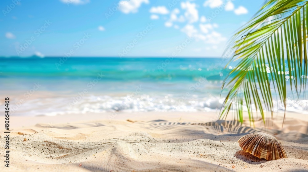 Poster seashell lying on sandy beach with palm tree in background