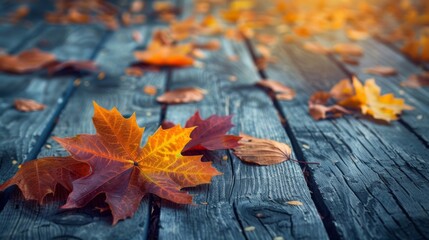 Several leaves are arranged on a wooden table, creating a natural and rustic scene
