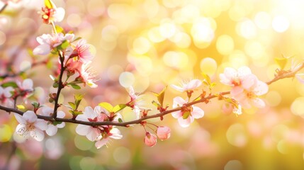 A detailed view of a branch with vibrant flowers in full bloom against a blurred backdrop