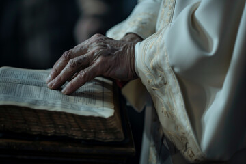 Obraz premium priest who puts his hand on the bible and swears close up
