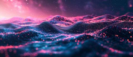 Magenta and cyan abstract digital landscape visualizing virtual reality and augmented reality technologies