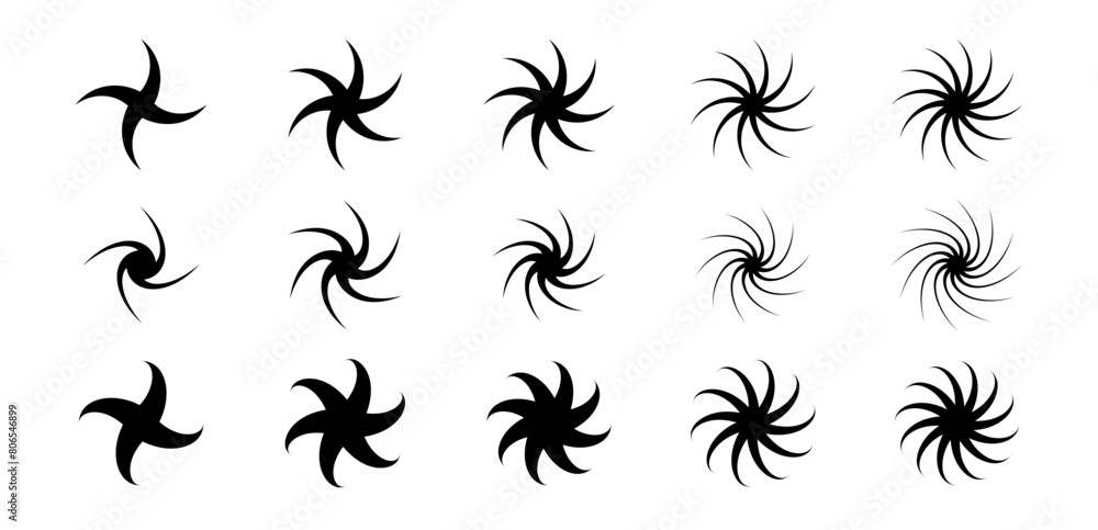 Aufkleber Set of different twist and swirl symbols. Black twirl and rotating lines collection. Circular radial revolving whirlwind element bundle for graphic design. Tornado and whirlpool effect pack. Vector