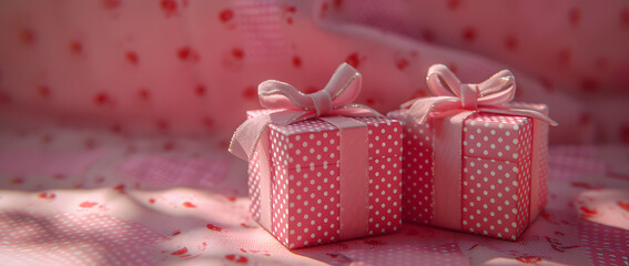 Two Pink Polka-Dotted Gift Boxes on Patterned Background