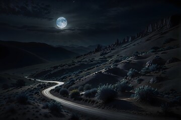 Moon talking to the mountains at night, night landscapes of moon, beautiful moon wallpapers, big moon, mountain, hills, similar to the mountains of Mexico - Powered by Adobe