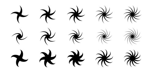 Set of different twist and swirl symbols. Black twirl and rotating lines collection. Circular radial revolving whirlwind element bundle for graphic design. Tornado and whirlpool effect pack. Vector