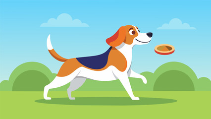 A determined beagle trots confidently across the field ready to show off its frisbeecatching skills to the crowd.. Vector illustration