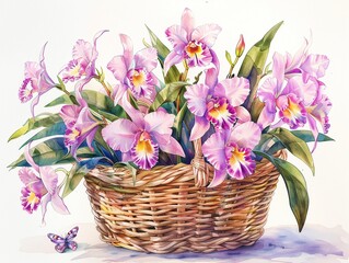 Hand drawn watercolor of a basket filled with Cattleya orchids and delicate butterflies, set against a white background in bright pastels, evoking a sophisticated French aroma concept