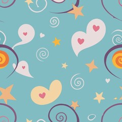 Obraz premium Seamless pattern of whimsical doodles featuring hearts, stars, and swirls, perfect for a playful and charming wrapping paper design, Generative AI